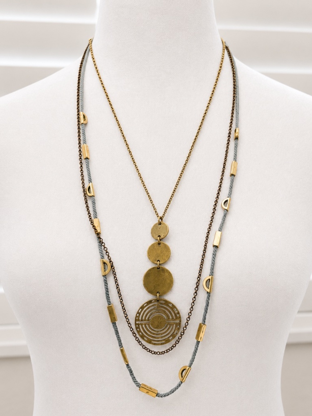 3 in 1 Lucky Brand Layered Necklace Gold Tone Medallion Pendant Blue Cord